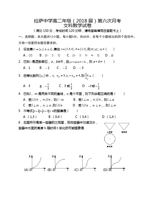 西藏自治区拉萨中学2016-2017学年高二下学期第六次月考(期中)数学(文)试题