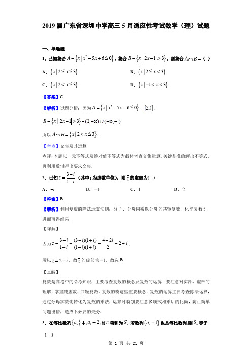 2019届广东省深圳中学高三5月适应性考试数学(理)试题(解析版)
