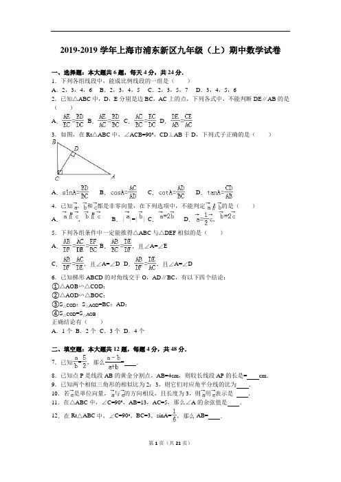 上海市浦东新区2019届九年级上期中数学试卷含答案解析