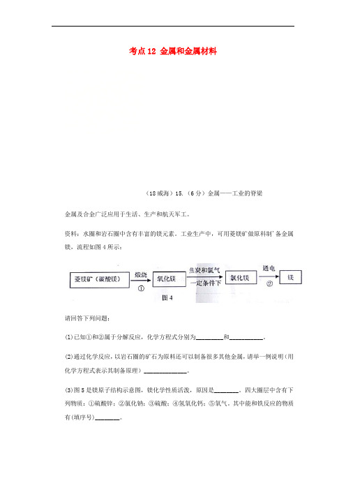 2018年中考化学真题分类汇编 2 我们身边的物质 考点12 金属和金属材料 2 具体金属 镁(无答