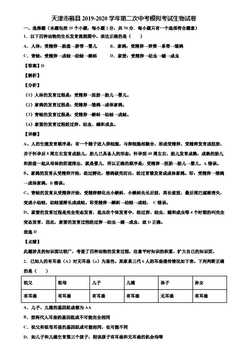 天津市蓟县2019-2020学年第二次中考模拟考试生物试卷含解析