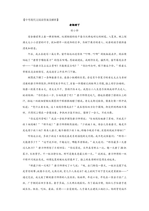 中考现代文阅读《老杨树下》答案及解析