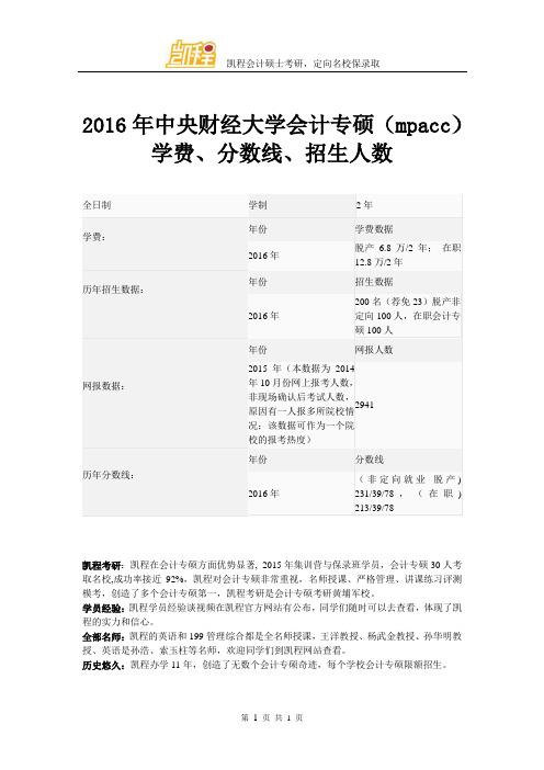2016年中央财经大学会计专硕(mpacc)学费、分数线、招生人数