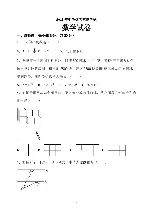 绥化市2018中考数学仿真模拟试题(依据2018中考说明命题一)