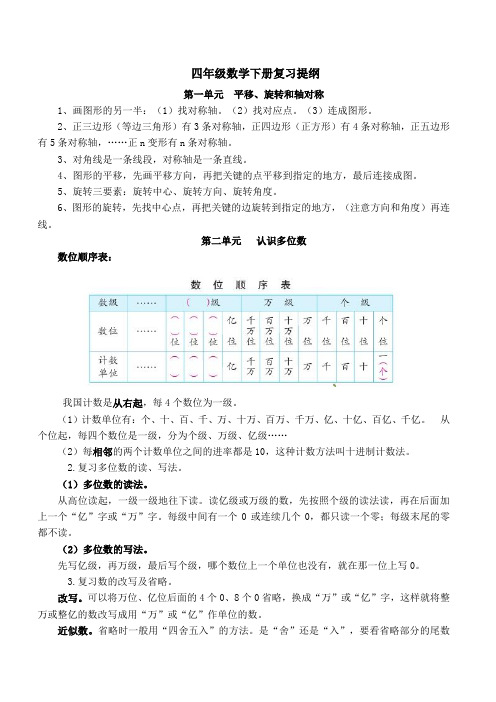 四年级数学下册复习提纲