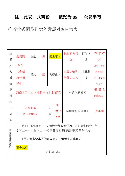 推荐优秀团员作党的发展对象审核表填写 模板
