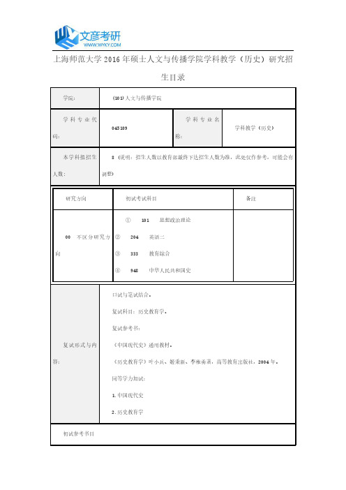 上海师范大学2016年硕士人文与传播学院学科教学(历史)研究招生目录