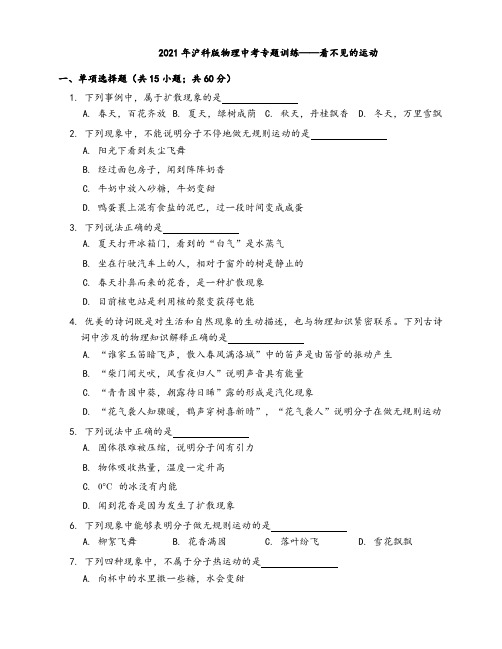 2021年沪科版物理中考专题训练——看不见的运动(word版带答案)