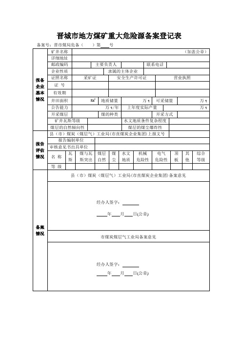(参考)晋城市地方煤矿重大危险源备案登记表