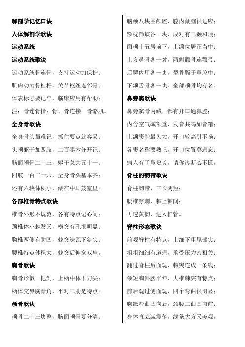 解剖学记忆口诀