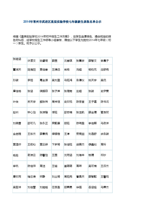 2014年常州市武进区星辰实验学校七年级新生录取名单公示