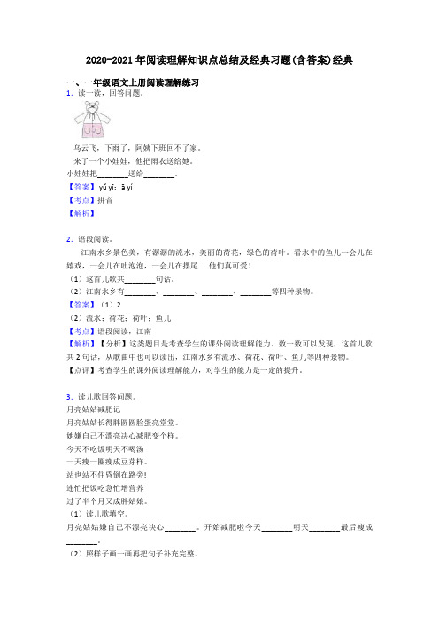 一年级2020-2021年阅读理解知识点总结及经典习题(含答案)经典