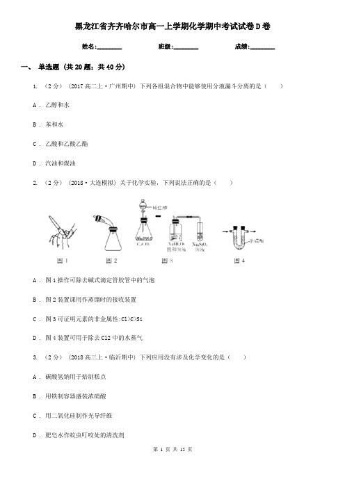 黑龙江省齐齐哈尔市高一上学期化学期中考试试卷D卷(考试)