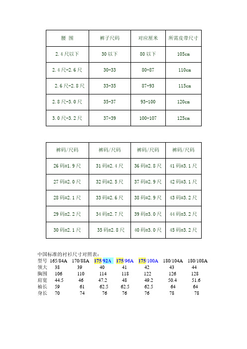 标准衣服皮带尺寸