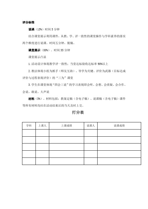 XX小学校级优质课评分标准及打分表