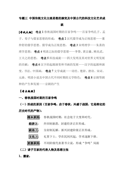 2021年高考历史必考重点专题复习：专题三 中国传统文化主流思想的演变及中国古代的科技文化艺术成就