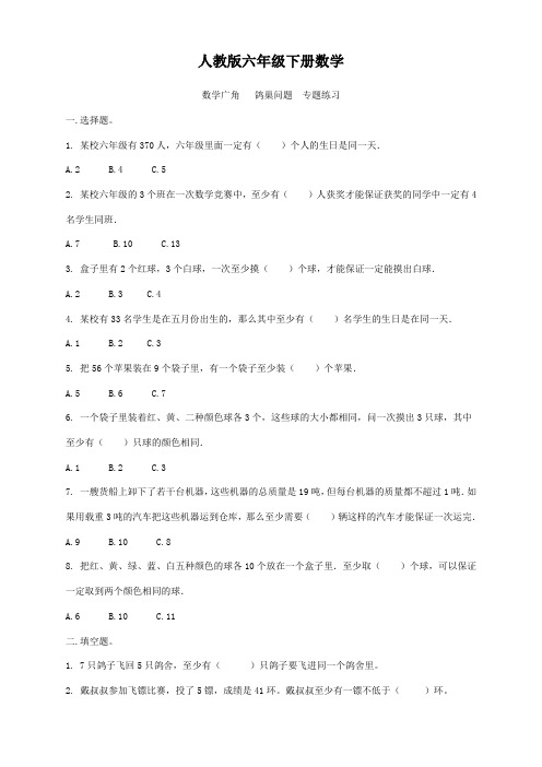 人教版六年级下册数学   数学广角   鸽巢问题  专题练习