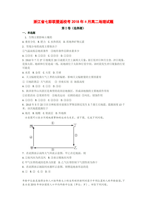 2018年8月浙江省学考选考七彩联盟返校考高二地理试题及参考答案