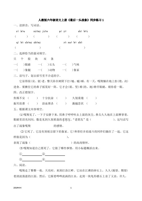 人教版六年级语文上册《最后一头战象》同步练习(附答案)