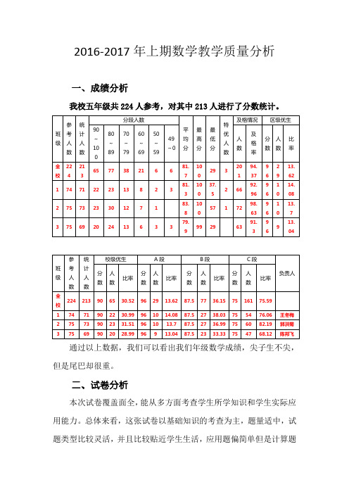 五年级上期期末数学教学质量分析