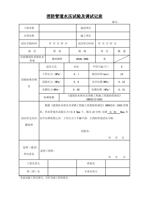 消防管道水压试验记录【范本模板】