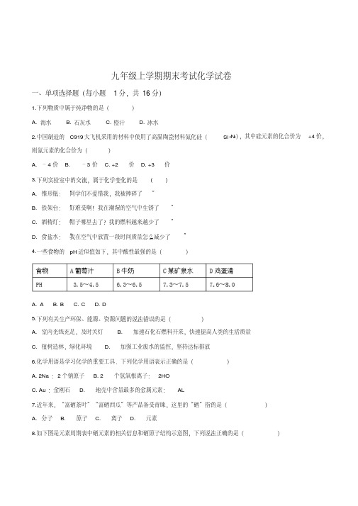 九年级上学期期末考试化学试题(附答案)1121456