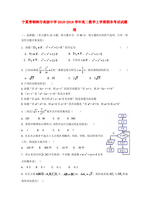 宁夏青铜峡市高级中学2018_2019学年高二数学上学期期末考试试题理