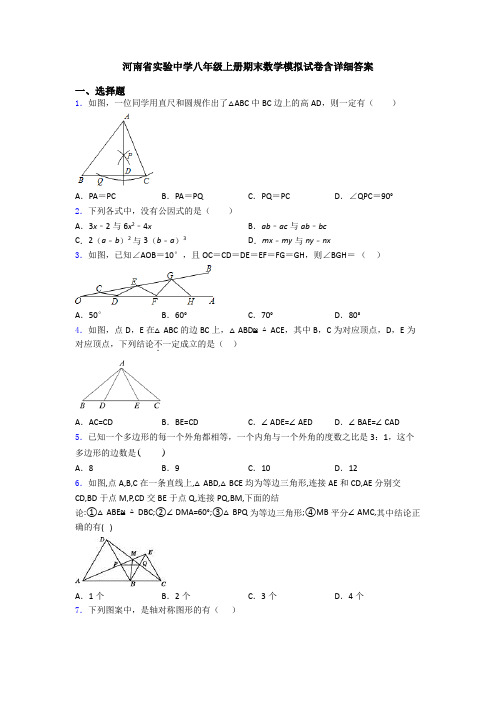 河南省实验中学八年级上册期末数学模拟试卷含详细答案