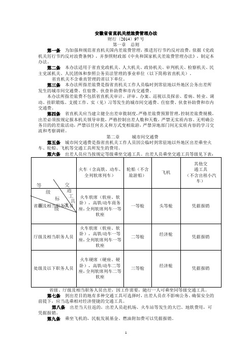安徽省省直机关差旅费管理办法(2014)