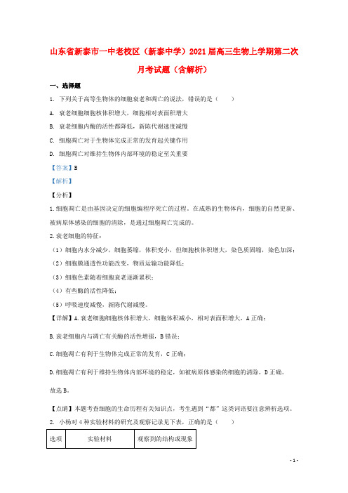 山东省新泰市一中老校区新泰中学2021届高三生物上学期第二次月考试题含解析