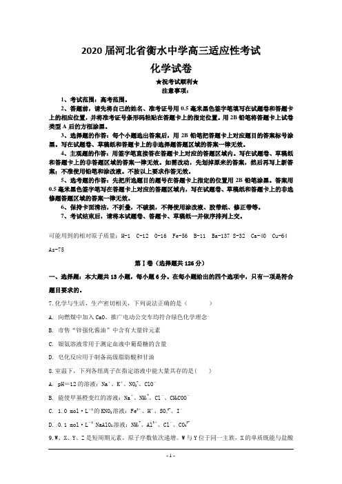2020届河北省衡水中学高三适应性考试化学试题