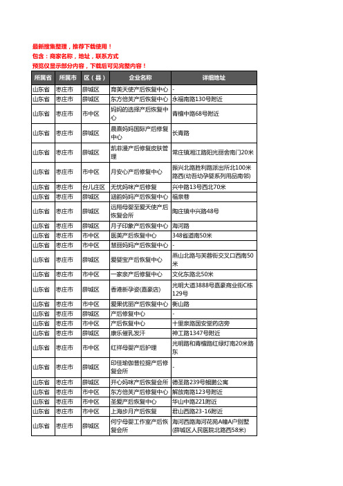 新版山东省枣庄市产后恢复企业公司商家户名录单联系方式地址大全65家