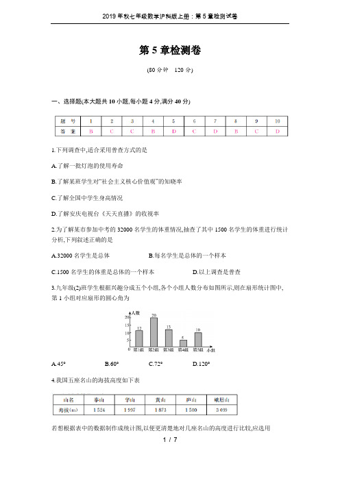 2019年秋七年级数学沪科版上册：第5章检测试卷
