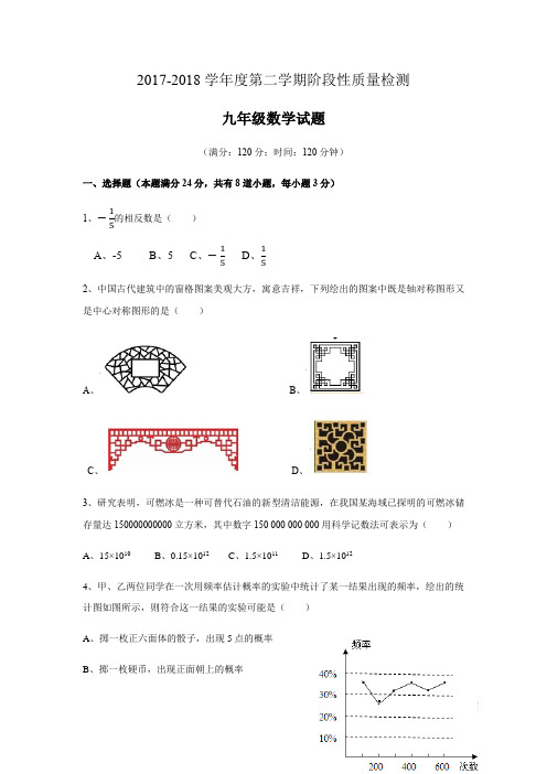 山东省青岛市黄岛区开发区六中2017-2018学年度九年级第一次模拟测试卷(无答案)