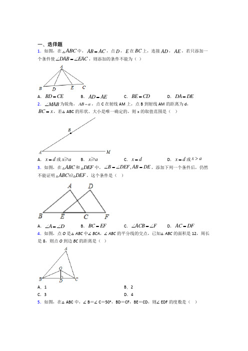 重庆第一中学八年级数学上册第二单元《全等三角形》测试卷(包含答案解析)