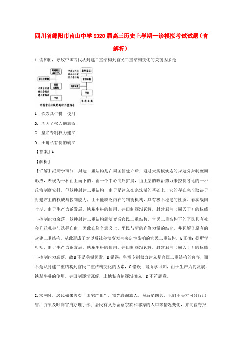 四川省绵阳市南山中学2020届高三历史上学期一诊模拟考试试题(含解析)