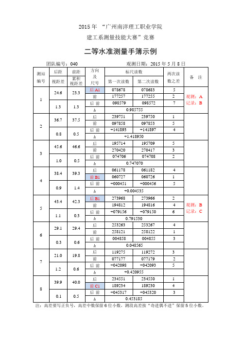 二等水准测量记录计算示例