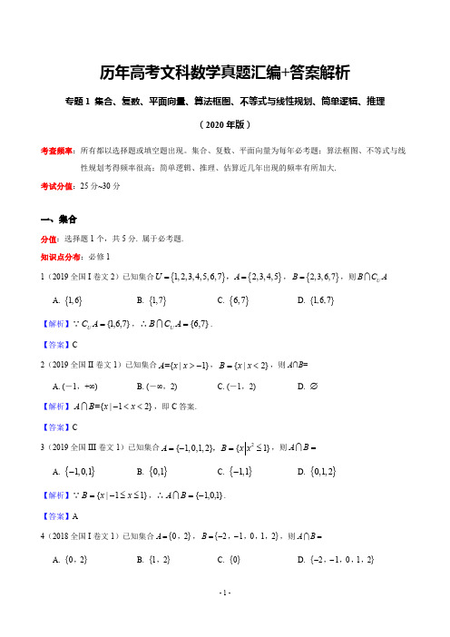 历年高考文科数学真题汇编+答案解析(1)：集合、复数、框图、简单逻辑、推理、平面向量、不等式与线性规划