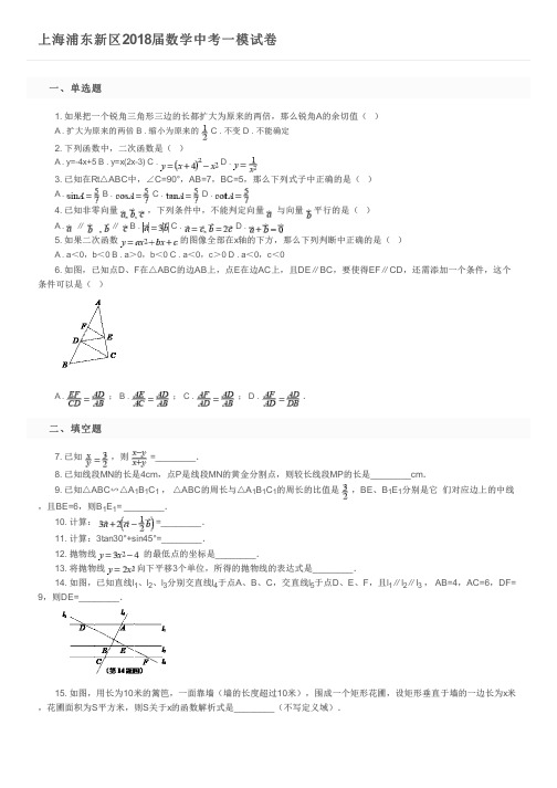 上海浦东新区2018届数学中考一模试卷及参考答案