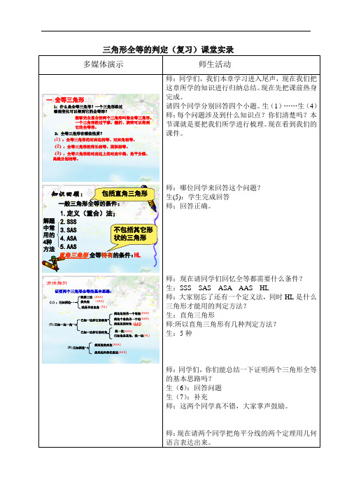 三角形全等的判定(复习)课堂实录