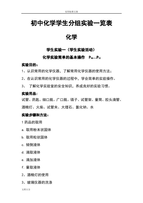 初中化学学生分组实验一览表07845