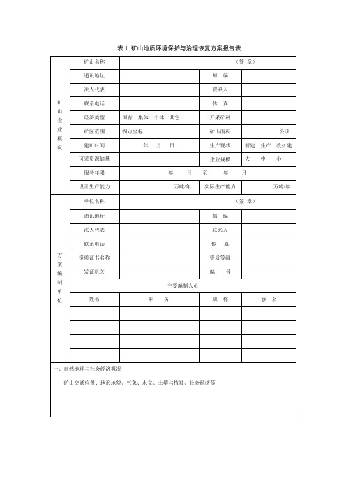 矿山地质环境保护与恢复治理方案表格