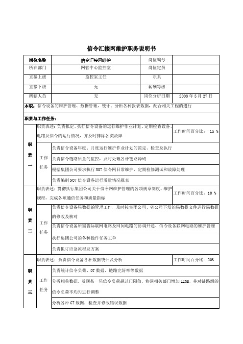 材料行业网管中心监控室信令汇接网维护岗位说明书