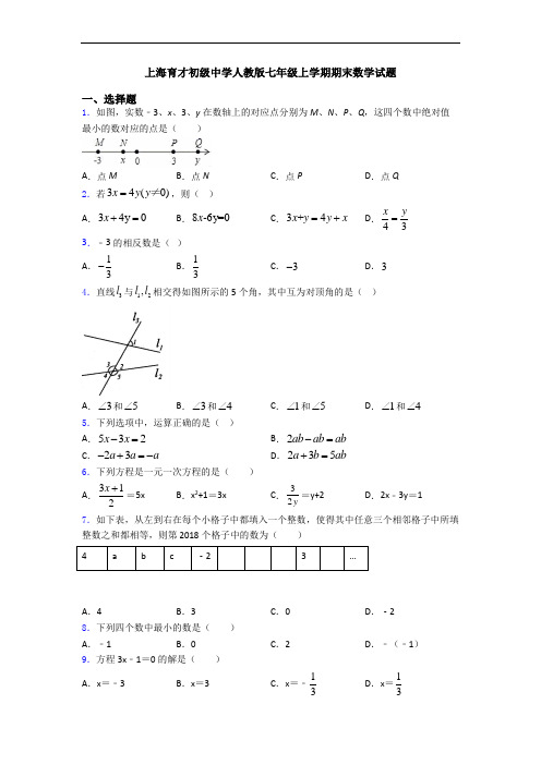 上海育才初级中学人教版七年级上学期期末数学试题