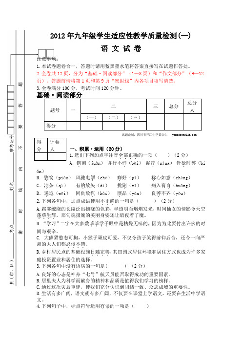 2012年四川省开江县九年级中考语文模拟试卷答案