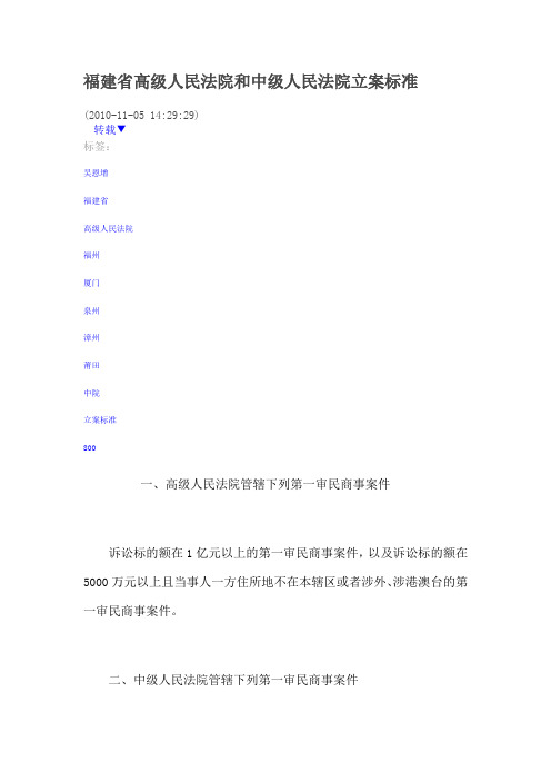 福建省高级人民法院和中级人民法院立案标准