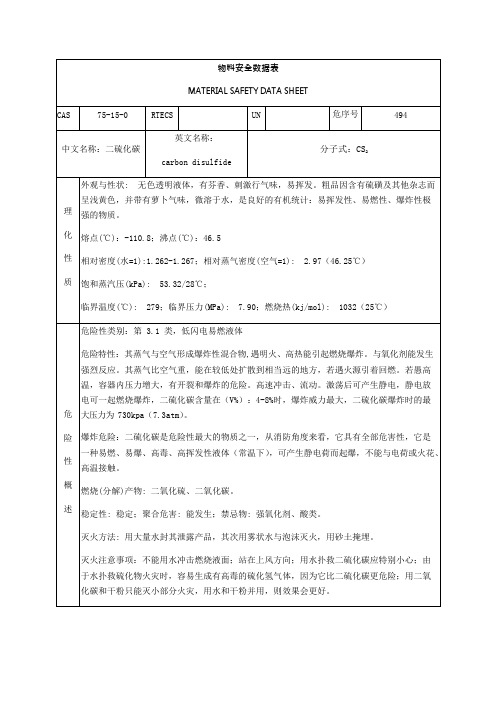 二硫化碳技术说明书(MSDS)(可编辑修改word版)