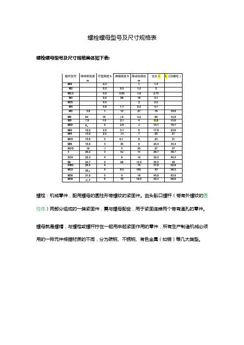 螺栓螺母型号及尺寸规格表