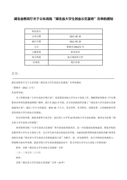 湖北省教育厅关于公布首批“湖北省大学生创业示范基地”名单的通知-鄂教学[2012]2号