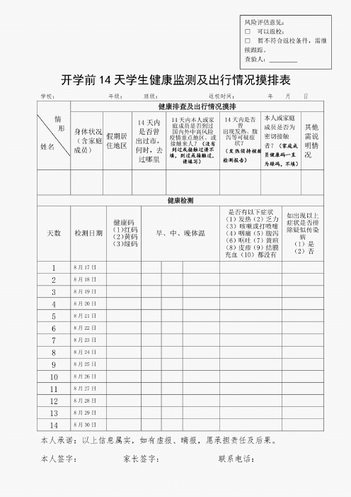 2021年秋学期开学前14天中小学生教师健康情况体温监测及出行情况摸排表登记卡4份